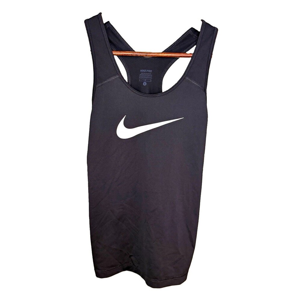 Nike Pro Dri-FIT Women's Black Racerback Scoop Neck Tank Top White Logo L